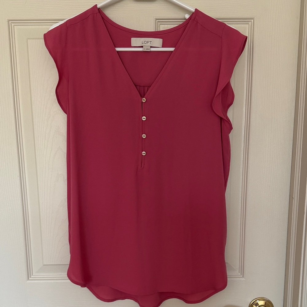 LOFT Raspberry V-Neck Sleeveless Blouse with Button Placket
